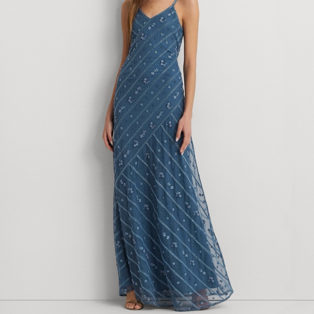 Ralph Lauren Blue Floral beaded embroidered Maxi Dress NEW!